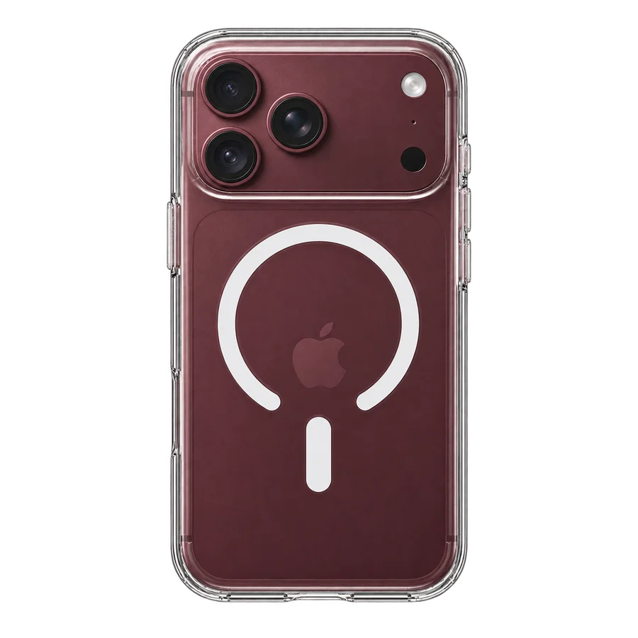 Ilustrativní náhled průhledného MagSafe krytu na iPhonu v barvě Burgundy