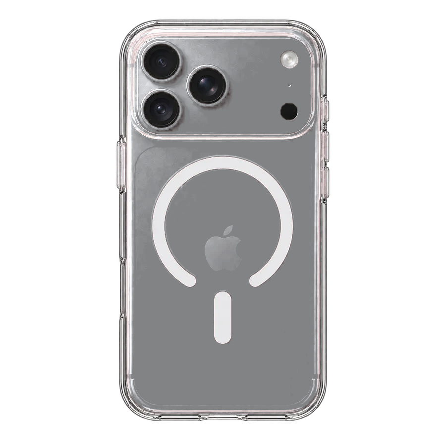Ilustrativní náhled průhledného MagSafe krytu na iPhonu v barvě Silver